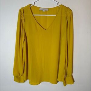 LOFT Long Sleeve Ruffle Sleeve V-Neck Blouse Top Size Medium Mustard Yellow‎